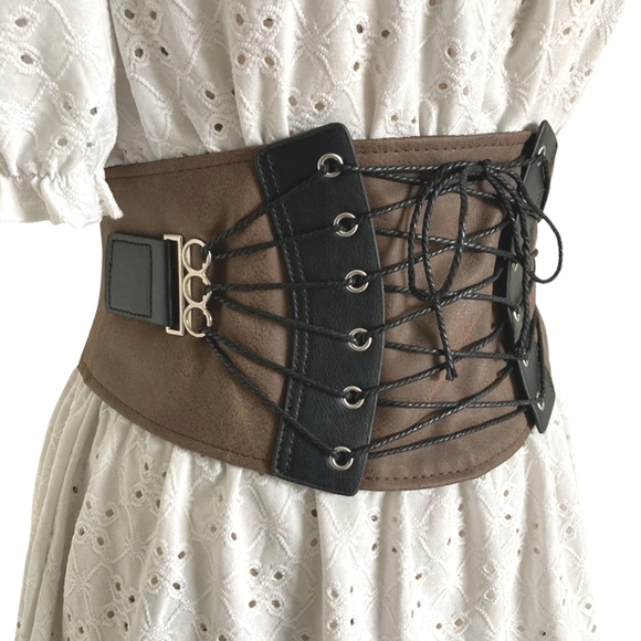 Wide waist brown corset Adjustable faux leather suede Steampunk Lace up Belt - Picture 4 of 12